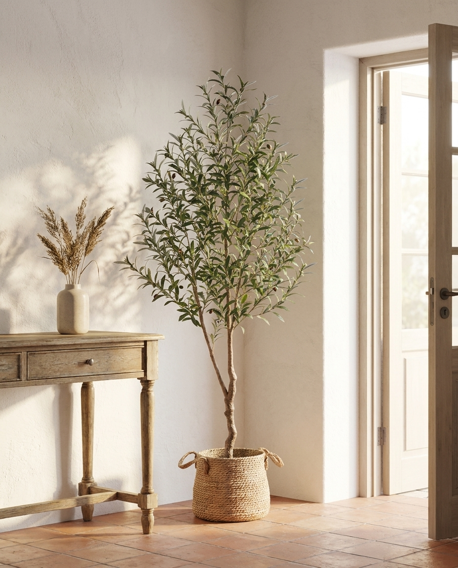 Olive tree styled in an entryway
