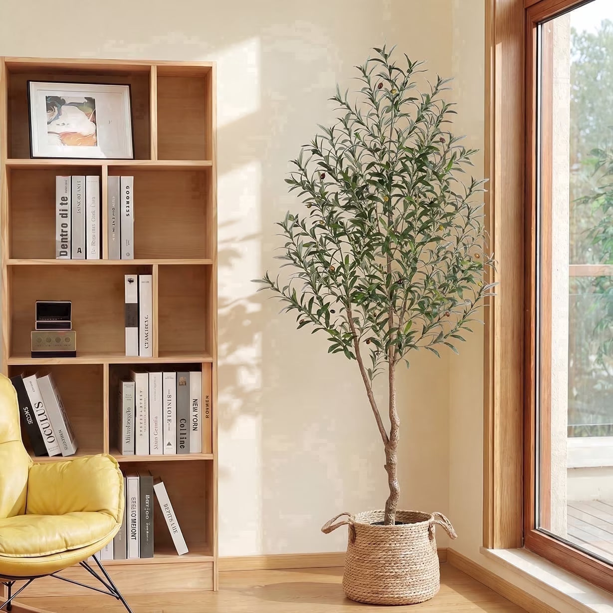 The Olivamere Tree — 7ft faux olive tree in a styled living room corner