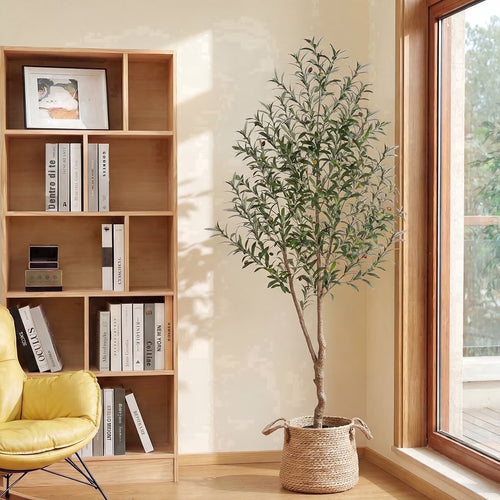 The Olivamere Tree — 7ft faux olive tree in a styled living room corner