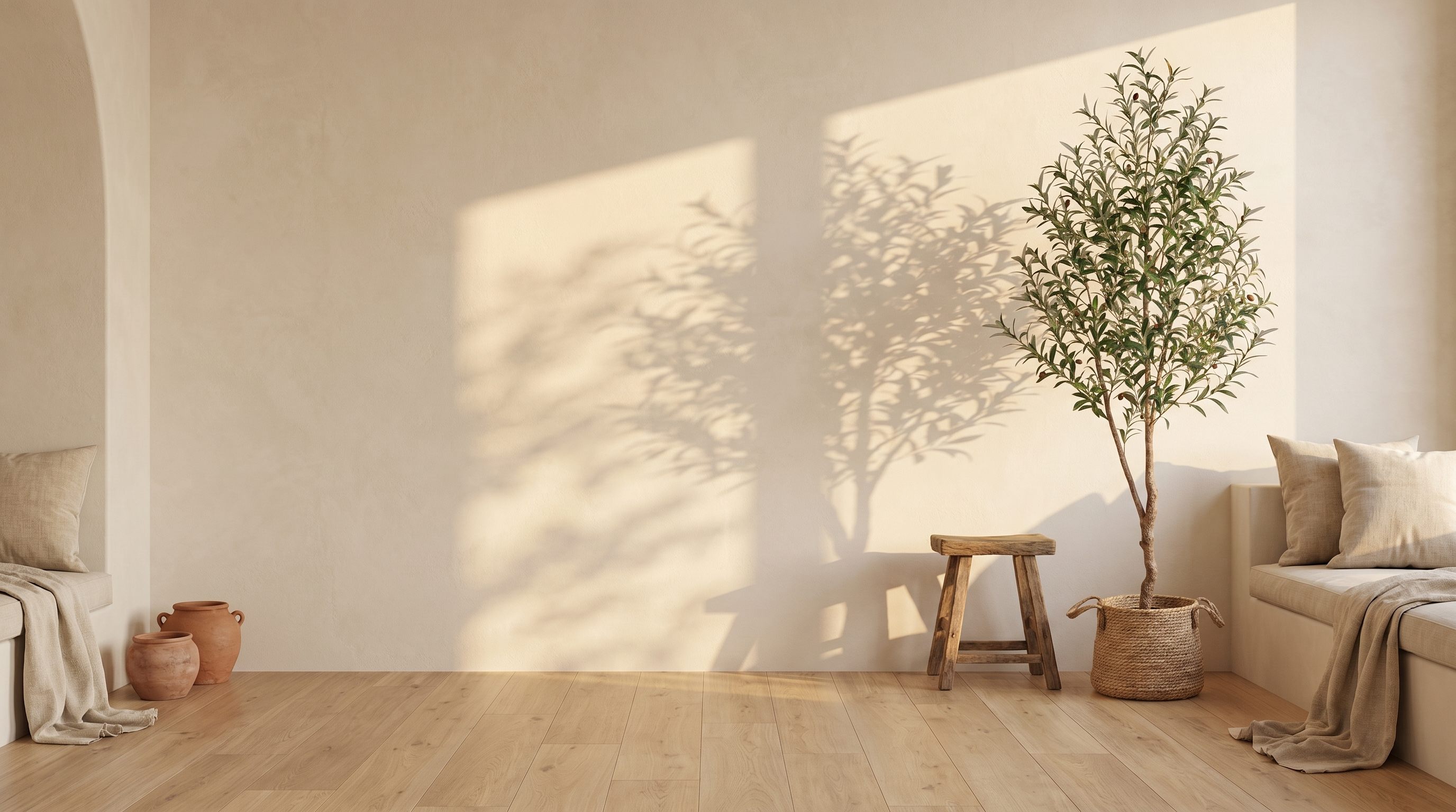 Olive tree in a sunlit Mediterranean-styled room