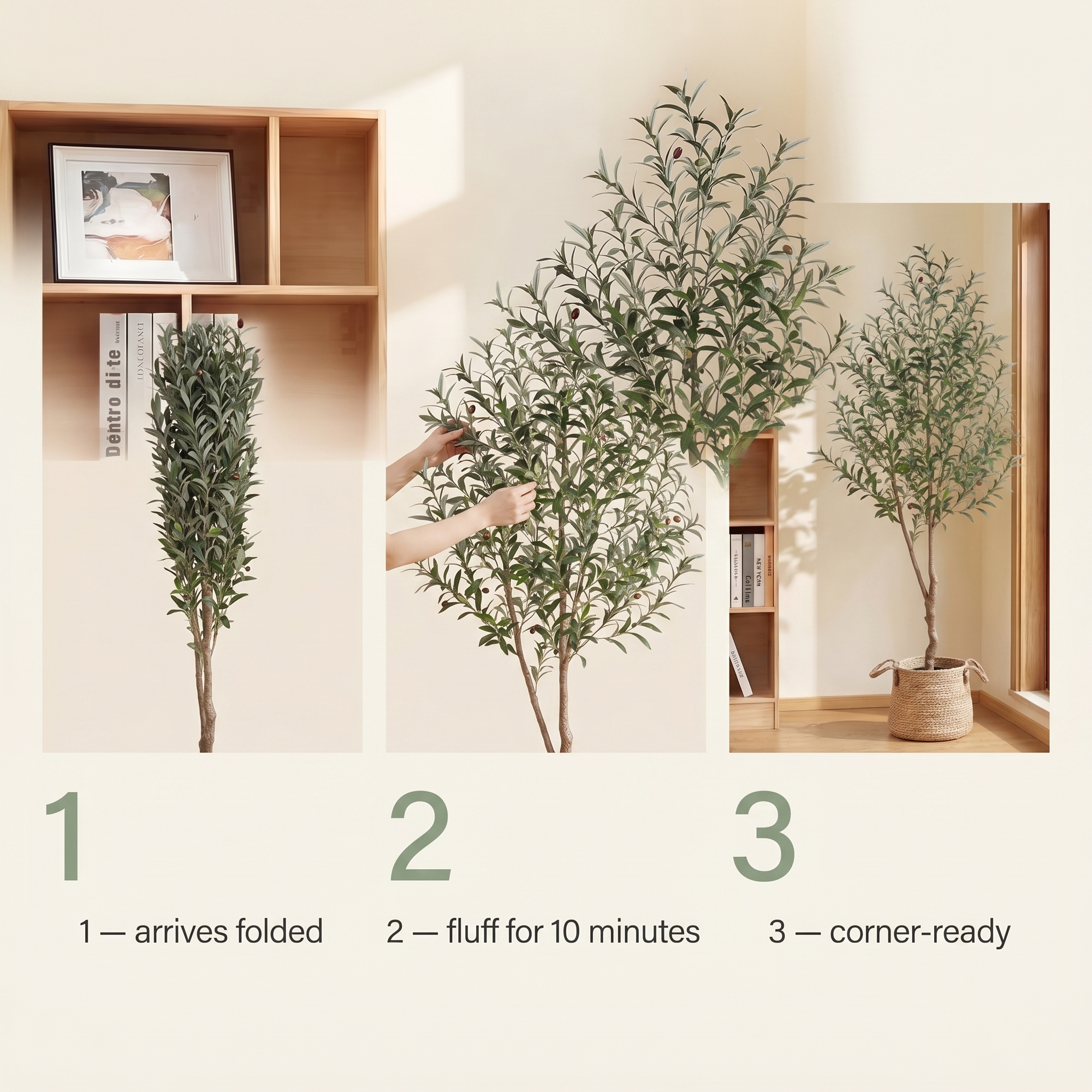 Three-step how it arrives: folded, fluff, corner-ready